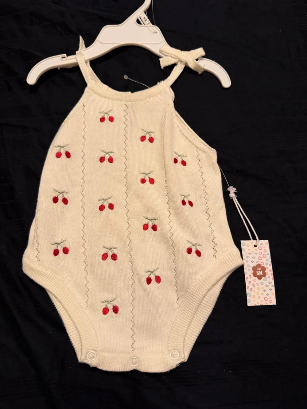 Cream Knit Cherry-Embroidered Baby One-Piece Romper by Between